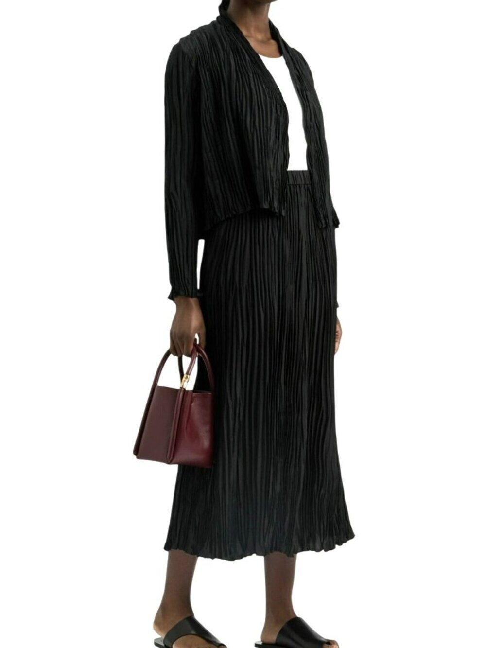Eileen Fisher Large Black Pleated Pull On Skirt New